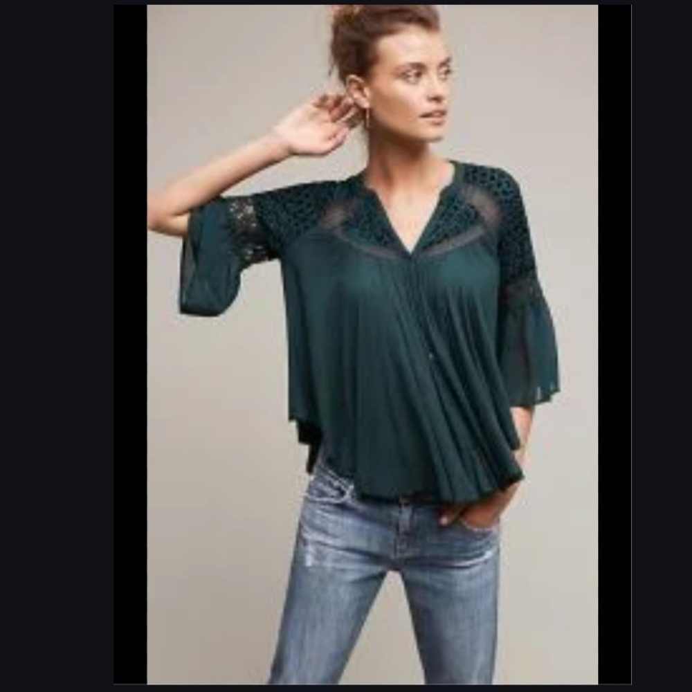 Meadow Rue Anthropologie Surya Velvet Burnout Boho Swing Top Sz S Green